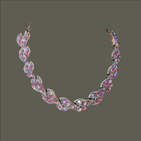 Vintage Jewelry - Vintage Necklace Pink Rhinestone  Silver Chain 1960s Fabulous Sparkle